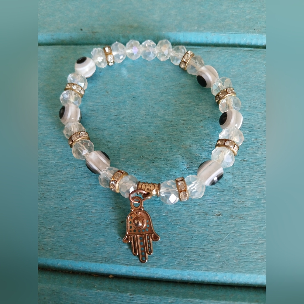 White and Black Beaded Bracelet with Hamsa Charm